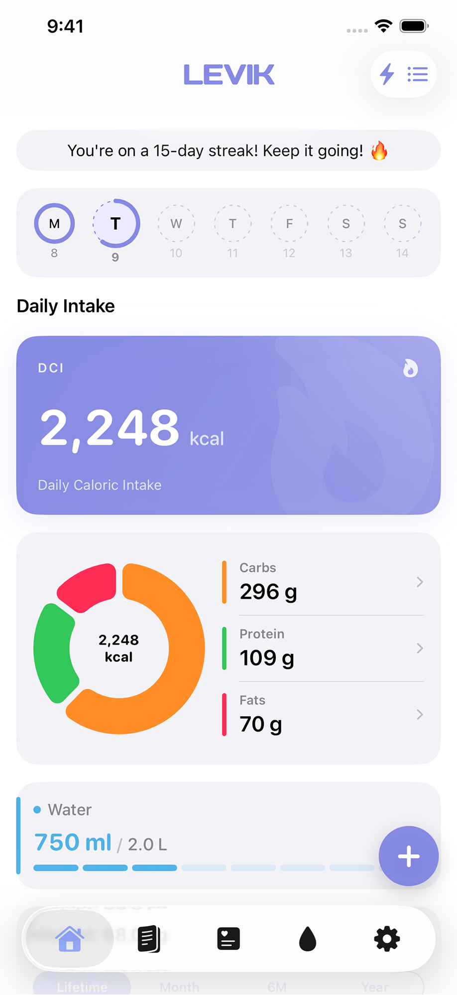 The LEVIK app home screen with daily calorie goal and macros ring