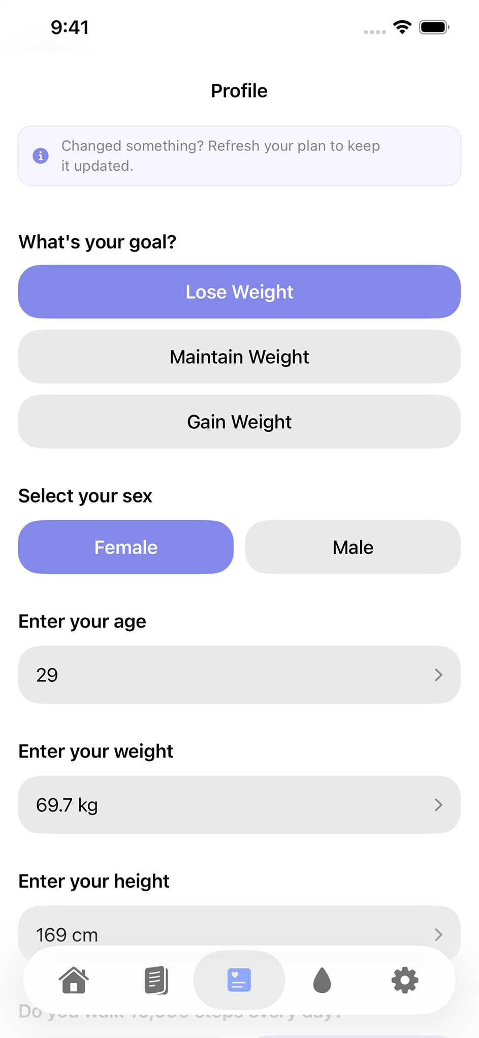 The LEVIK app daily menu with breakfast, lunch, dinner and snacks